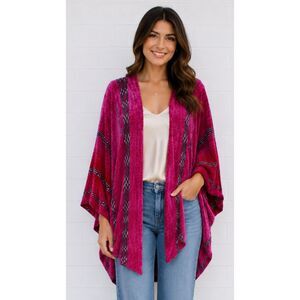 Cynthia Krause Weaver One Size Raspberry Blue Tribal Design Trim Cocoon Jacket